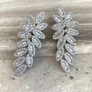 NEW ~ Anthropologie Pavé X Baguette Fancy Flower Drop Stud Silver Earrings